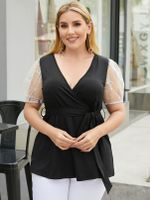 YOINS Plus Size V-neck Belt Design Wrap Design Short Sleeves Blouse - thumbnail