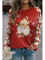 Women's Christmas Santa Claus Print Contrast Color Round Neck Sweatshirt