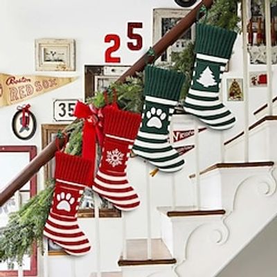 Knitted Christmas Stocking Socks Santa Tree Snowflake Decoration Pet Cat Dog Gift Bag Xmas Supplies Jacquard Hanging Pendant Candy Sock Lightinthebox