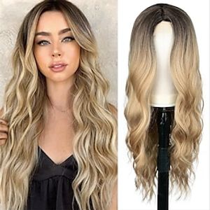 Ombre Blonde Wig Long Blonde Wavy Wigs for Women 26 Inch Middle Part Natural Curly Synthetic Wig Heat Resistan Fiber Wig for Daily Party Use miniinthebox