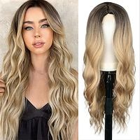 Ombre Blonde Wig Long Blonde Wavy Wigs for Women 26 Inch Middle Part Natural Curly Synthetic Wig Heat Resistan Fiber Wig for Daily Party Use miniinthebox - thumbnail