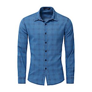 Men's Shirt Plaid Denim Button-Down Long Sleeve Casual Tops Cotton Casual Nostalgic Comfortable Blue miniinthebox