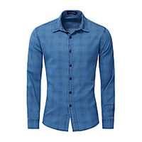 Men's Shirt Plaid Denim Button-Down Long Sleeve Casual Tops Cotton Casual Nostalgic Comfortable Blue miniinthebox - thumbnail