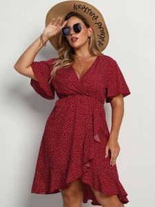 Plus Size V-neck Polka Dot Crossed Front Design Ruffle Trim Short Sleeves Dress