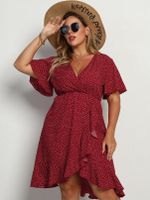 Plus Size V-neck Polka Dot Crossed Front Design Ruffle Trim Short Sleeves Dress - thumbnail