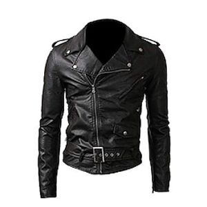 Men's PU Leather Jacket Faux Leather Coat Motorcycle Biker Belted Rider Fashion Style  Winter Casual Daily Outdoor Work Black Warm Outwear Tops Zip Pocket miniinthebox