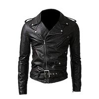 Men's PU Leather Jacket Faux Leather Coat Motorcycle Biker Belted Rider Fashion Style  Winter Casual Daily Outdoor Work Black Warm Outwear Tops Zip Pocket miniinthebox - thumbnail