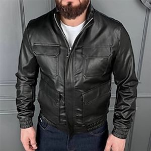 Men's Leather Jacket Motorcycle Jacket Outdoor Daily Wear Warm Zipper Pocket Fall Winter Plain Fashion Streetwear Lapel Regular Faux Leather Black Jacket Lightinthebox