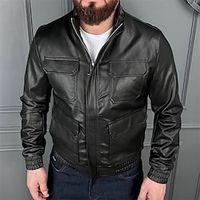Men's Leather Jacket Motorcycle Jacket Outdoor Daily Wear Warm Zipper Pocket Fall Winter Plain Fashion Streetwear Lapel Regular Faux Leather Black Jacket Lightinthebox - thumbnail