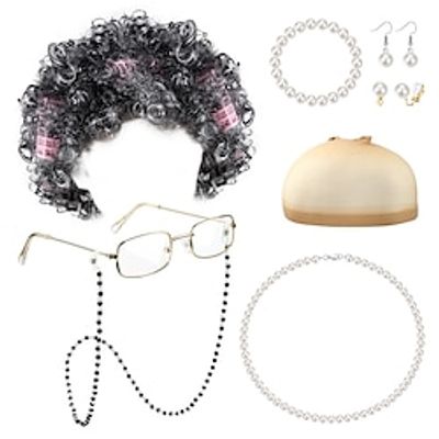 Old Lady Wig Granny Costume Set for Women Grandma Wig Cap Granny Glasses Chain Pearl Necklace Earrings Bracelet Hair Rollers Halloween Costume Cosplay Party Gray Wigs miniinthebox Old Lady Wig Granny Costume Set for Women Grandma Wig Cap Granny Glasses Chain Pearl Necklace Earrings Bracelet Hair Rollers Halloween Costume Cosplay Party Gray Wigs miniinthebox
