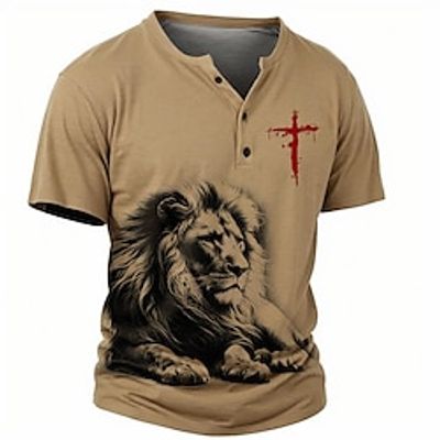 Graphic Lion Cross Retro Vintage Casual Men's 3D Print T shirt Tee Henley Shirt Sports Outdoor Holiday Going out T shirt Blue Sky Blue Khaki Short Sleeve Henley Shirt Spring Summer Clothing Apparel Lightinthebox