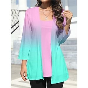 Women's Shirt Blouse Color Gradient Yellow Blue Orange Print Patchwork Long Sleeve Casual Fashion Round Neck Regular Fit Spring Lightinthebox