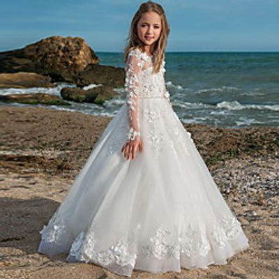 Kids Little Girls' Dress Floral Solid Colored A Line Dress Party Birthday Ruched Mesh Lace White Maxi Long Sleeve Princess Cute Dresses Fall Summer Regular Fit 3-12 Years miniinthebox