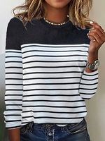 Round Neck Casual Loose Stripe Printed Long Sleeve T-Shirt