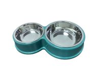 Double Dining Pet Feedrer With Stainless Steel Bowl & Non Slip Rubber Bottom green For Cats And Dogs - 28.3X17.3X5cm
