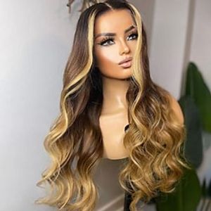 Remy Human Hair 13x4 Lace Front Wig Free Part Brazilian Hair Wavy Multi-color Wig 130% 150% Density with Baby Hair Ombre Hair Highlighted  Balayage Hair 100% Virgin With Bleached Knots For Women Long Lightinthebox