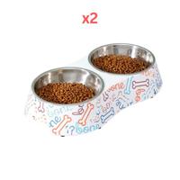 Cozy Paws Double Melamine Bowl White Bones - 28.5X13.5X6Cm (Pack of 2)