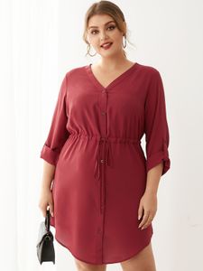 YOINS Plus Size V-neck Button Design Drawstring Long Sleeves Dress