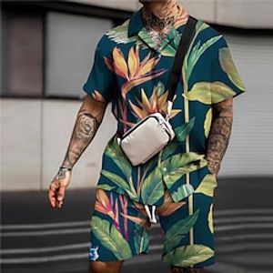 Men's Shirt Summer Hawaiian Shirt Shirt Set Floral Graphic Prints Leaves Turndown Navy Blue Blue Outdoor Street Short Sleeves Print Clothing Apparel Fashion Streetwear Designer Soft Lightinthebox