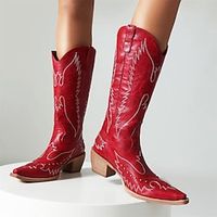 Women's Boots Cowboy Boots Party Embroidered Knee High Boots Mid Calf Boots Winter Embroidery Chunky Heel Pointed Toe Bohemia PU Black Red Brown miniinthebox - thumbnail