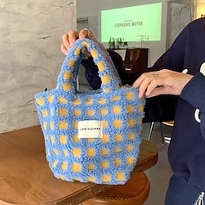 Women's Girls' Work Bag Shearling Bag Fluffy Bag Plush Bag Tote Wool Plaid Daily Holiday Office  Career Red grid Green grid Blue grid Huang Ge Lightinthebox