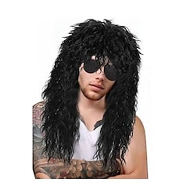 70s 80s Rocker Wig Men Curly Black Wig Long Mullet Wig for Men Heavy Metal Wig 70s Disco Party Wig 80s Outfits Men 80s Costume For Halloween Rocker Wig Synthetic Wig(Only Wig) miniinthebox