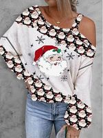 Women's Santa Claus Printed Christmas Off-shoulder Long-sleeved T-shirt