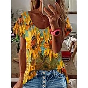 Women's T shirt Tee Yellow Sunflower Print Short Sleeve Holiday Weekend Basic V Neck Regular Floral Abstract Painting S miniinthebox