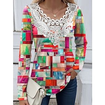 Women's Shirt Blouse Color Block Yellow Red Blue Print Lace Patchwork Long Sleeve Casual Fashion Round Neck Regular Fit Spring   Fall Lightinthebox