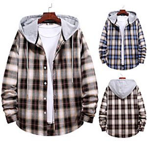 Men's Shirt Houndstooth Plaid Lattice Long Sleeve Street Tops Cotton Fashion Retro Comfortable Blue Khaki Lightinthebox