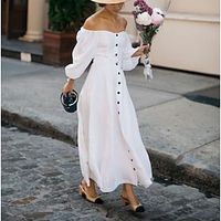 Women's Sheath Dress Maxi long Dress White Long Sleeve Pure Color Button Fall Summer Off Shoulder Cold Shoulder Elegant 2022 S M L XL Lightinthebox - thumbnail