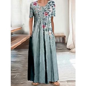 Women's Long Dress Maxi Dress Casual Dress A Line Dress Print Dress Floral Fashion Vacation Going out Weekend Ruched Pocket Short Sleeve Crew Neck Dress Regular Fit Light Green Dark Green Green Lightinthebox