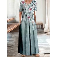 Women's Long Dress Maxi Dress Casual Dress A Line Dress Print Dress Floral Fashion Vacation Going out Weekend Ruched Pocket Short Sleeve Crew Neck Dress Regular Fit Light Green Dark Green Green Lightinthebox - thumbnail