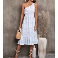 Women's A Line Dress Midi Dress Blue Sleeveless Floral Backless Patchwork Cold Shoulder Summer One Shoulder Stylish Casual Modern 2022 S M L XL Lightinthebox - thumbnail