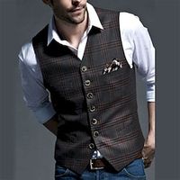 Men's Vest Gilet Wedding Event  Party Daily Fashion Business Spring  Summer Button Pocket Polyester Comfortable Plaid Single Breasted One-button V Neck Regular Fit Black Vest Lightinthebox