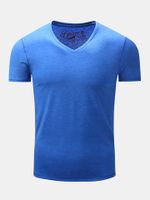 Mens Summer Brief Style Solid Color Basic Tops V-neck Short Sleeve Casual Cotton T-shirt
