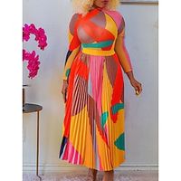 Women's Two Piece Dress Set Party Dress Skirt Set Party Holiday Fashion Streetwear Print Pleated Long Dress Maxi Dress Crew Neck Long Sleeve Abstract Regular Fit Pink Red Blue Fall Winter S M L XL XXL Lightinthebox - thumbnail