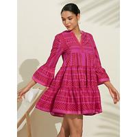 Women's Casual Dress Summer Dress Pink Dress Pink 3/4-Length Sleeve Geometic Striped Pattern 100% Cotton Ruffle Flounced Loose Spring Summer Spring and Summer