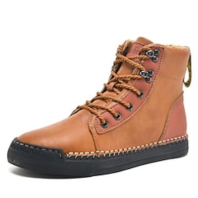 Men's Boots Handmade Shoes Hiking Cycling Shoes Sporty Casual Daily Office  Career Leather Warm Slip Resistant Mid-Calf Boots Lace-up Light Brown Black Fall Winter Lightinthebox