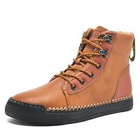 Men's Boots Handmade Shoes Hiking Cycling Shoes Sporty Casual Daily Office  Career Leather Warm Slip Resistant Mid-Calf Boots Lace-up Light Brown Black Fall Winter Lightinthebox - thumbnail