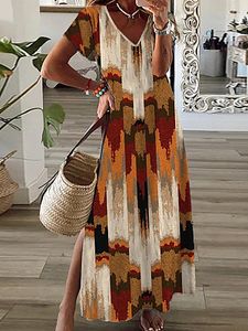 Short Sleeves V Neck Printed Slit Maxi Dress