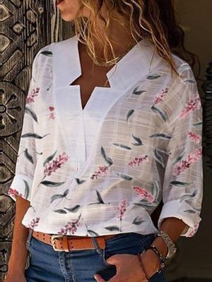 YOINS White Floral Print V-neck Long Sleeves Shirt YOINS White Floral Print V-neck Long Sleeves Shirt
