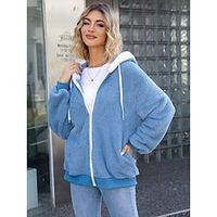 Women's Teddy Coat Fleece Sherpa Jacket Hooded Winter Coat Drawstring Zipper Coat Colorful Print Warm Classic Loose Fit Outerwear Long Sleeve Fall Blue Lightinthebox - thumbnail