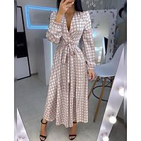 Women's Swing Dress Maxi long Dress Gold Long Sleeve Geometric Patchwork Print Spring Summer V Neck Hot Casual Lantern Sleeve Loose 2021 S M L XL miniinthebox - thumbnail