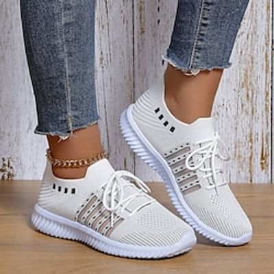 Women's Sneakers White Shoes Flyknit Shoes Slip-on Sneakers White Shoes Outdoor Daily Flat Heel Round Toe Casual Comfort Preppy Running Tennis Shoes Elastic Fabric Lace-up Solid Color Color Block Lightinthebox