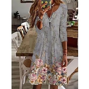 Women's Casual Dress Shift Dress Knee Length Dress Gray Long Sleeve Floral Zipper Print Fall Winter V Neck Vacation Casual 2022 S M L XL 2XL 3XL 4XL 5XL 6XL miniinthebox