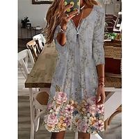 Women's Casual Dress Shift Dress Knee Length Dress Gray Long Sleeve Floral Zipper Print Fall Winter V Neck Vacation Casual 2022 S M L XL 2XL 3XL 4XL 5XL 6XL miniinthebox - thumbnail