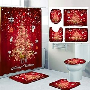 Christmas Bathroom Deco 4 Pcs Shower Curtain Set Bathroom Sets Modern Home Bathroom Decor with Bath Mat U Shape and Toilet Lid Cover Mat and 12 Hooks miniinthebox