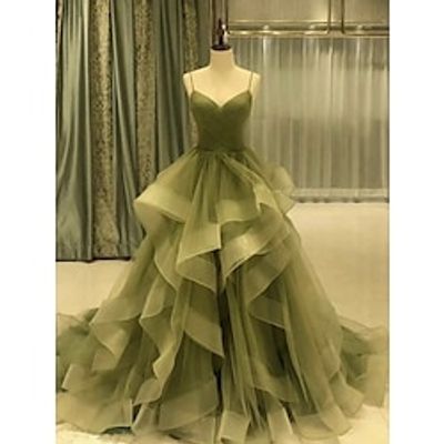 A-Line Prom Dresses Elegant Dress Formal Court Train Christmas Red Green Dress Sleeveless Spaghetti Strap Tulle with Pleats Ruffles 2023 Lightinthebox