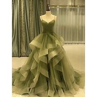 A-Line Prom Dresses Elegant Dress Formal Court Train Christmas Red Green Dress Sleeveless Spaghetti Strap Tulle with Pleats Ruffles 2023 Lightinthebox - thumbnail